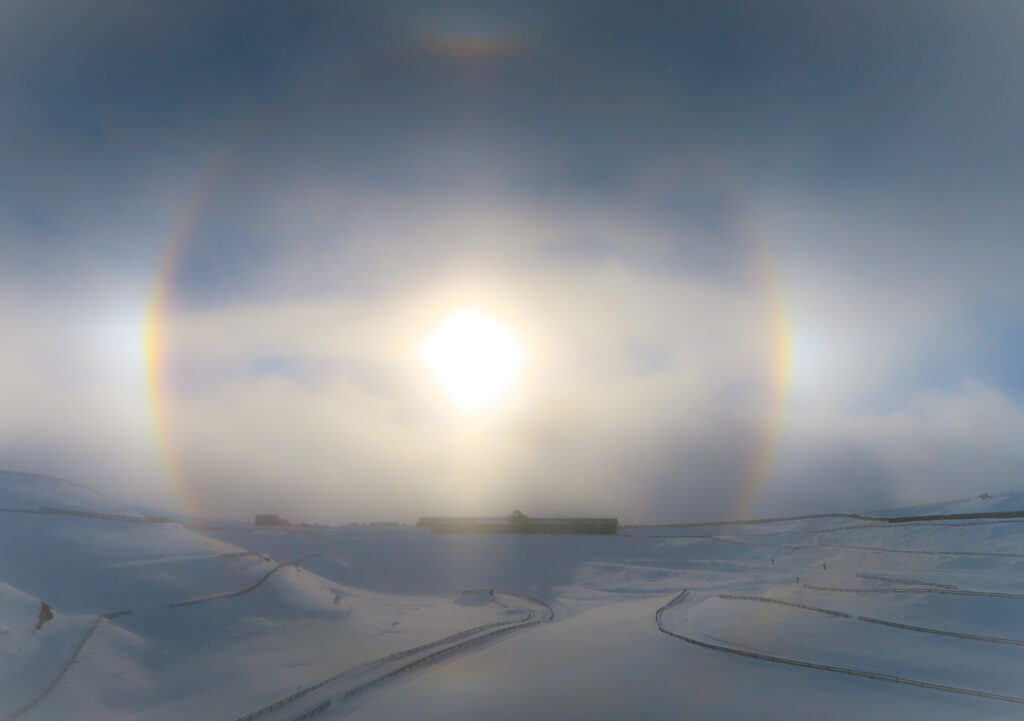 Sun dog at the Snow Farm cross country skiing area, Cardrona Valley, New Zealand
